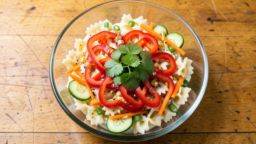 Asian Bowtie Pasta Salad Recipe: Sesame-Ginger Zing With Crunchy Topping Twist