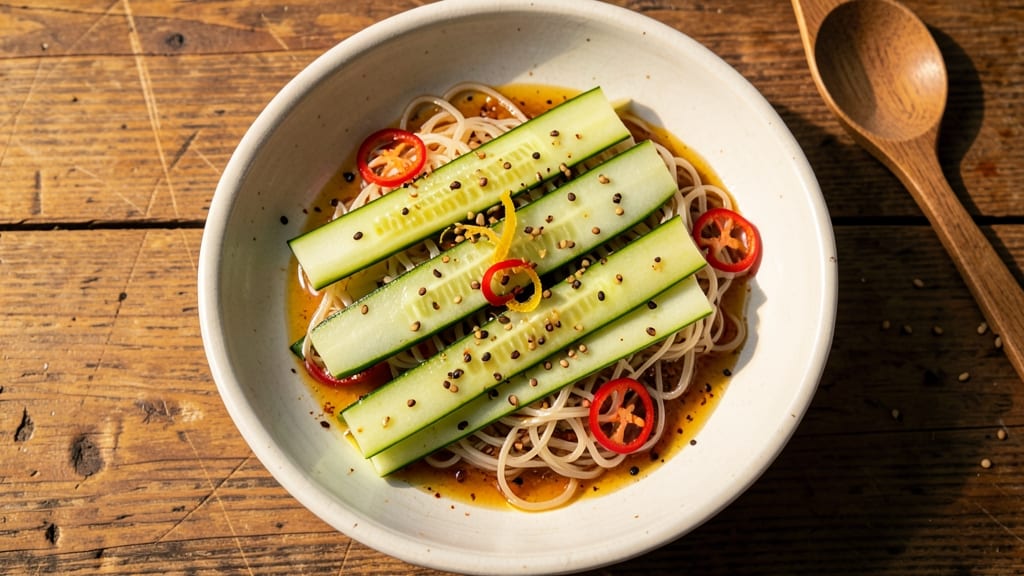 Asian Cuke Salad Recipe: Zesty-Lime Dressing with Crunchy Rice Noodles