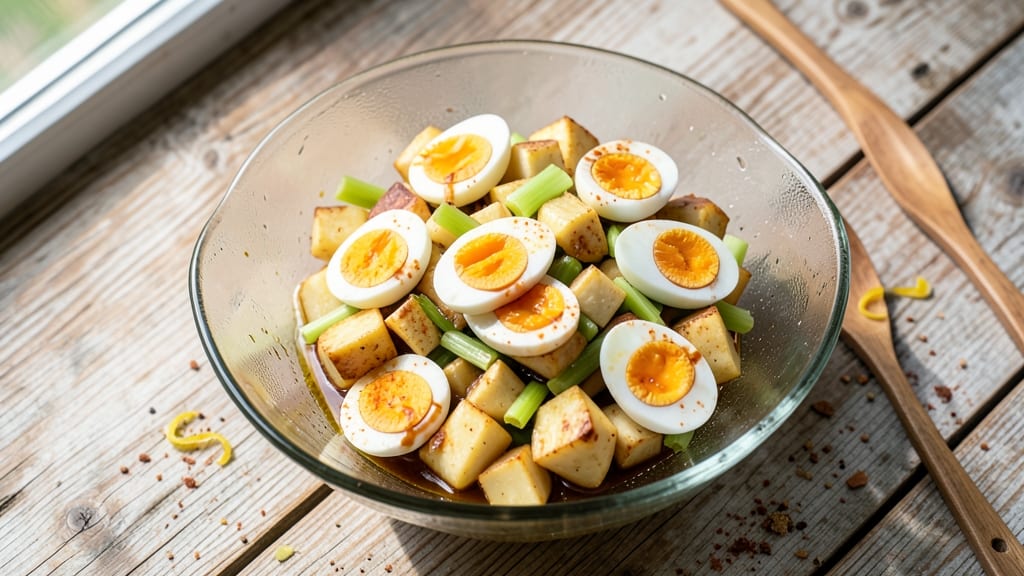 Spanish Potato Salad Recipe with Eggs: Crispy Celery Crowns Over Zesty Paprika Dressing