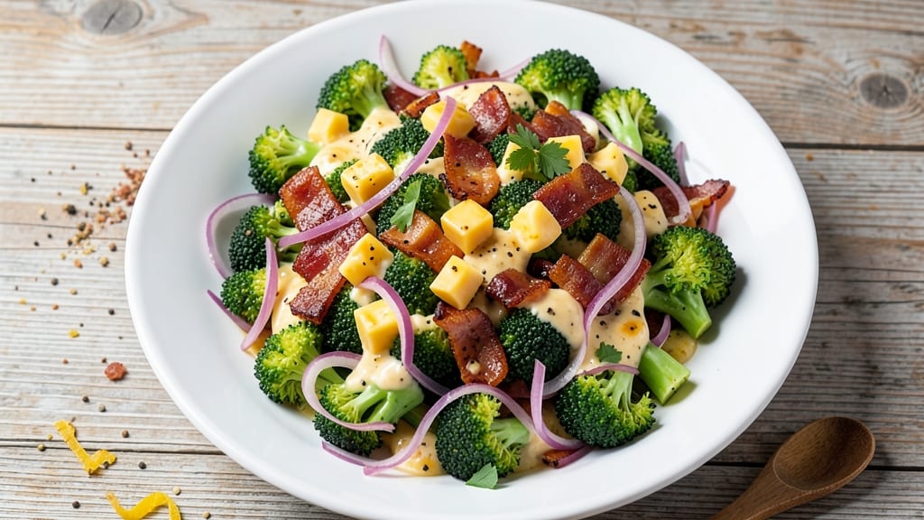 Broccoli Salad Recipe with Bacon Red Onion and Cheddar Cheese: Smoky-Sweet Crunch That Stands Up to BBQ