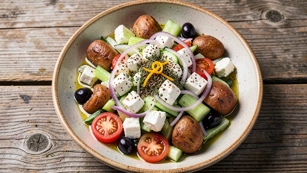 Authentic Greek Salad Recipe with Potato Salad: Mediterranean Fusion With Crisp Celery Crowns