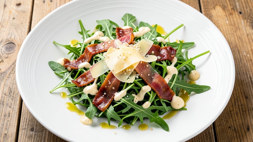 Arugula Parmesan Salad Recipe: Crispy Pancetta Bites and Tangy Cream Cheese Twist