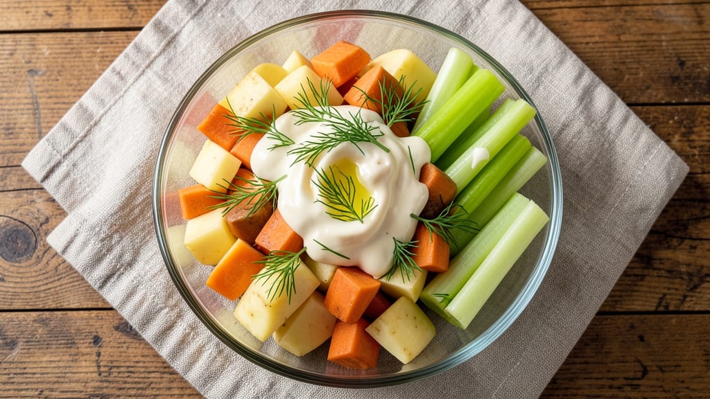 Boiled Vegetable Salad Recipe: Crisp Celery Crowns Over Cool Creamy Herb Dressing