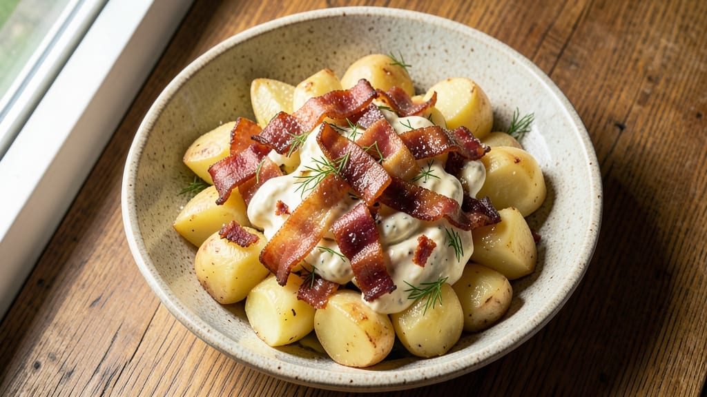 Old Fashioned German Potato Salad Recipe with Bacon: Smoky, Crispy Bits Over Creamy Mustard Dressing