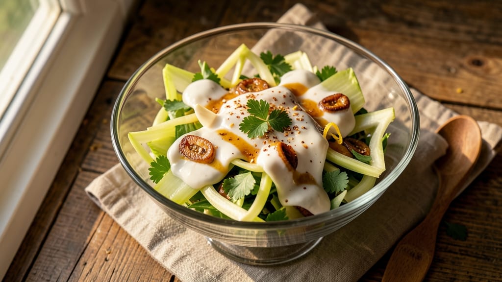 Bravo Salad Recipe: Celery Crown Crunch Over Anchovy-Infused Cream Velouté